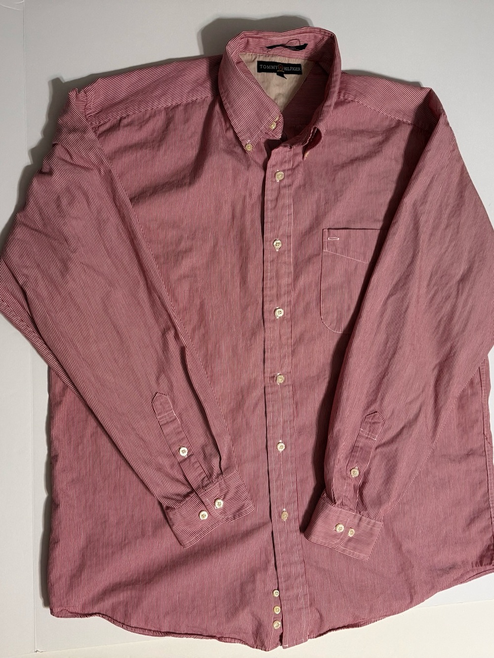 Tommy Hilfiger 1990s Vintage Red Striped XL Men’s LS Button Up Polo Shirt